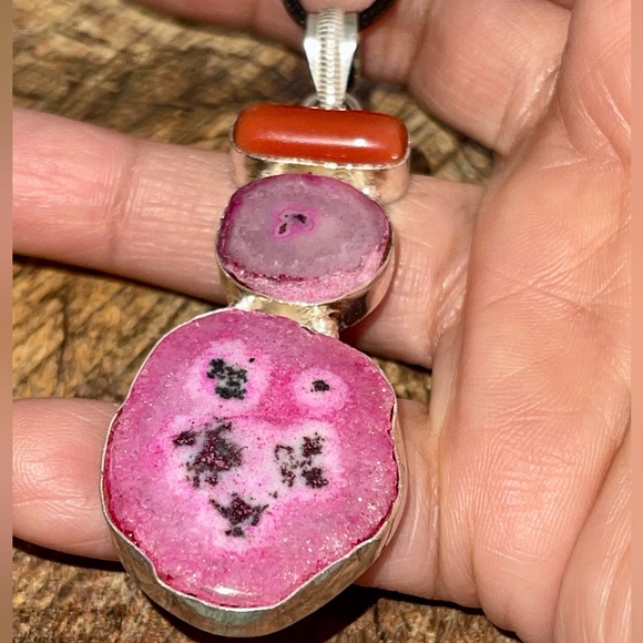 Drusy Solar Quartz & Red Coral Pendant 3” - Picture 7 of 12
